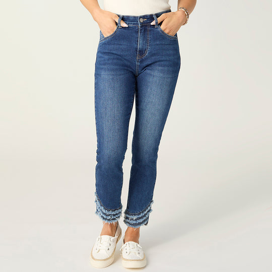 EverStretch Skinny Ankle with Fringe - Dark Denim banner