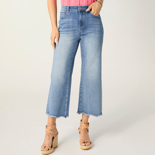 EverStretch Wide Leg Raw Bottom Capri - Medium/Light Denim banner