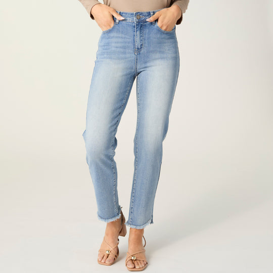 EverStretch Straight Ankle with Bottom Fringe - Light Denim banner